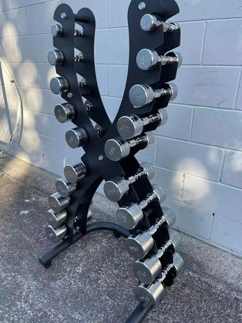 NZ POWER CHROME DUMBBELL SET WITH STAND - X SHAPE